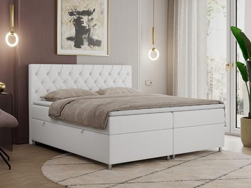 MKS MEBLE Boxspringbett 200x200 mit Bettkasten, Boxspringbett 200x200 mit Matratze, Doppelbett mit Matratze und Topper - Polsterbett mit Kopfteil - Stauraumbett - Roma 200x200 - H4 Weiß Kunstleder