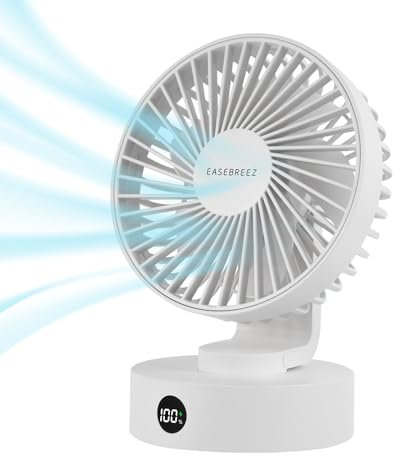 EASEBREEZ Ventilatore da tavolo, ventola piccola Funzionamento silenzioso, ventola USB leggera, ricarica tramite porta USB, display a LED, 5 impostazioni di velocità, inclinazione regolabile, bianco