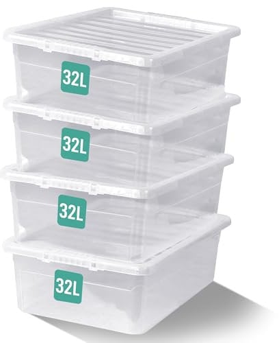 KLASS 32L Underbed Storage Boxes With Lids Set of 4, Strong & BPA Free Multipurpose Clear Plastic Underbed Storage Box With Lid For Home, Office (32 Litre / 4Pack)