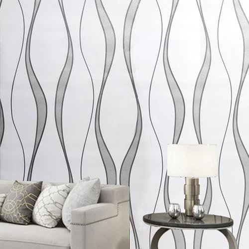 Beswitory Wave Streifen Tapete Glitter Effekt Texturierte 3D Flocking Geprägte Tapeten Wave Streifen Vlies Tapete Rolle für Erwachsene Kinder Schlafzimmer Wohnzimmer Flur Treppe Lounge Beige