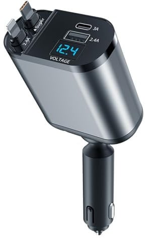 MVCUASF 4 in 1 Car Charger with 0.8m TYPE-C Retractable Cables and Voltage Display Fast Car Phone Charger Light-ning USB Port Mobile Phone Quick Retractable Car Charger, Compatible with Android IOS