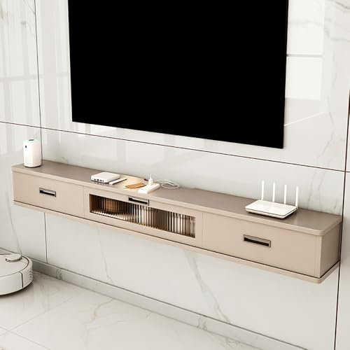 USFJATI Wall Mounted TV Stand with Two Drawers, floating console for under tv, Media Console Small Entertainment Center, Wooden TV Cabinet, for Family, Office and Hotel(Champagne,140 * 25 * 24cm)