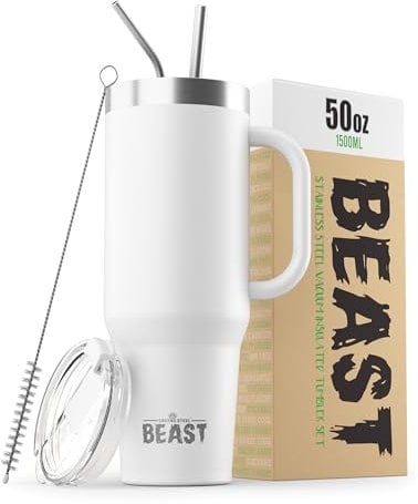 Beast Tumbler - 1500 ml (50 oz), Arctic White | Reusable Stainless Steel, Vacuum Insulated Cup | with + 2 Straws & Cleaning Brush | Double Wall Travel Flask Perfect for Hot or Iced Coffee | BPA Free