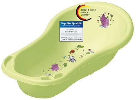 KiNDERWELT Babywanne 100 cm - Baby Badewanne mit Hippo Motiv - BPA-Frei - Wanne zum Baden für Babys und Neugeborene -grün ohne Stöpsel