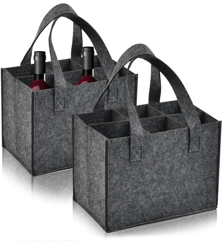 Bottle Carrier 2PCS,Wine Bottle Bag 6 Compartments,Wine Bottle Carrier Felt Wine Tote Bag Holder Reusable Wine Bottle Bag with Protable Handles for 6 Bottles with Flexible Dividers for Party Picnic