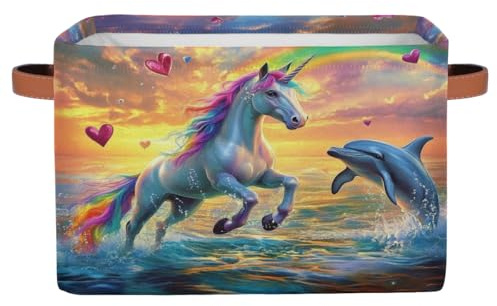 Fabric Storage Bins for Organizing, Rainbow Unicorn Horse And Dolphin Cube Storage Baskets with Leather Handles, Foldable Closet Organizer for Shelves