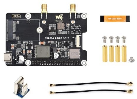 Waveshare PCIe to M.2 E Key Adapter with PoE Function, Compatible with Raspberry Pi 5, Support NGFF (M.2 E Key) Wireless NIC, Raspberry Pi 5 PCIe HAT