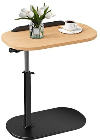 ejlaikmm C-Shaped End Table with 2 Tiers Shlef,Adjustable Height Bed Side Table for Couch,360° Swivel TV Tray Sofa Bed Desk for Living Rooms,Small Space,Small Computer Desk Night Stand (Wooden Color)
