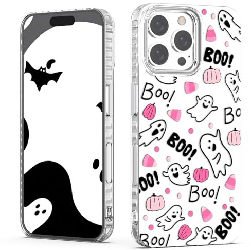 XIMIZU Halloween Ghosts Case for iPhone 16 Pro Max Pink Pumpkin,Lovely Fashion Design Women Girls Soft Shockproof Bumper Protective White Phone Cover For iPhone 16 Pro Max Teens