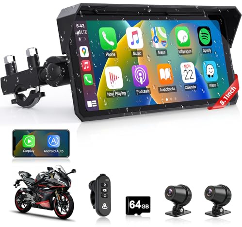8.1 4K Motorcycle CarPlay Screen w 4K Dash Cam Wireless Carplay Android Auto Screen for Motorcycle with GPS Navigation Voice Control WiFi Video Dual Bluetooth IPX7 Waterproof TF-64G Wired Control