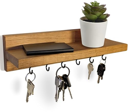 Lemodie Schlüsselbrett mit Ablage Holz Eiche – 6 Schlüsselhaken – Moderner Schlüsselhalter Wand – Schlüsselleiste zur Schlüsselaufbewahrung – Schlüsselboard – Key Holder 28x10cm