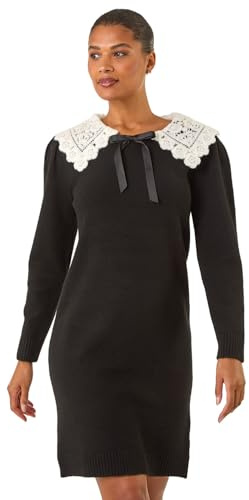 Roman Originals Crochet Collar Knitted Dress for Women UK - Ladies Everyday Autumn Winter Round Neckline Comfy Soft Evening Vacation Work Party Night Out - Black - Size 12