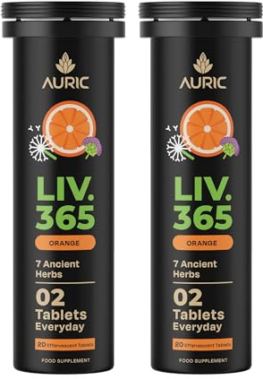 Auric Liv.365 Supplement 40 Tablets Orange Flavour Effervescent Fizzy Water with 10 Ayurvedic Herbs Drop, Dissolve, Fizz, Drink
