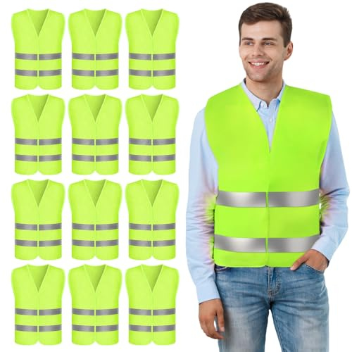 PORFOYO Warnwesten Auto 12er Set, Sicherheitswesten Set, Reflektierende Warnweste Auto, Sicherheitsweste Warnschutzweste, Warnweste 360° Reflektierend Rundum Für Fahrer, Polizei, Arbeiter, Radfahrer