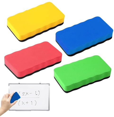 4 Magnetic Whiteboard Erasers with Thick Felt Pads, Assorted Colours