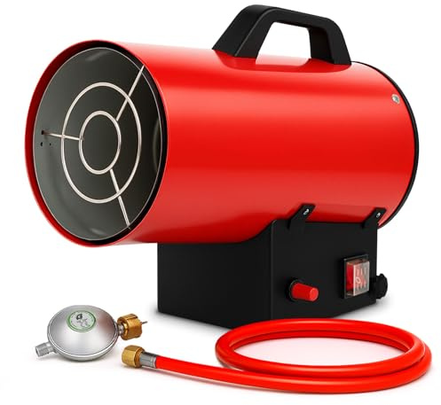 EBERTH Calefactor de gas directo 15kW, generador de aire caliente, capacidad 320m³/h con manguera flexible, reductor de presión, bombona de gas propano/butano, protección contra sobrecalentamiento