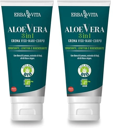 Erba Vita Aloe vera 3 in 1 crema viso, mani e corpo con Bava di lumaca, bava di Lumaca e oli di Riso e Argan - 200 ml (Confezione da 2)