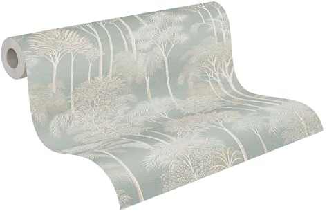 A.S. Création Palmenblatt-Vliestapete – Creme, Grün, Weiß – 10,05 x 0,53 m | Florales Palmenblatt-Motivals Akzent – schimmernde Motivtapete im Metallic-Look, einfach zu verkleben & spurlos abziehbar