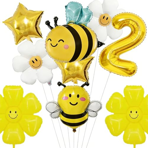 9 Stück Biene Geburtstag Deko, Bienen Deko Geburtstag Luftballons, Geburtstagsdeko 2 Jahre mit Biene Gänseblümchen Folienballon Gold Luftballon