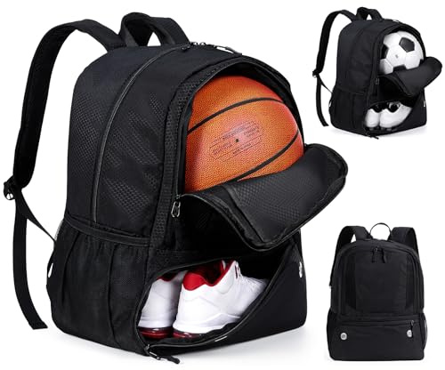 Snorthy Soccer Bag Backpack, 35L Capacity Multifunctional Backpack with Bottom Compartment, Waterproof Sports Bags Fit for 5 Size Soccer, Volleyball, Football & More