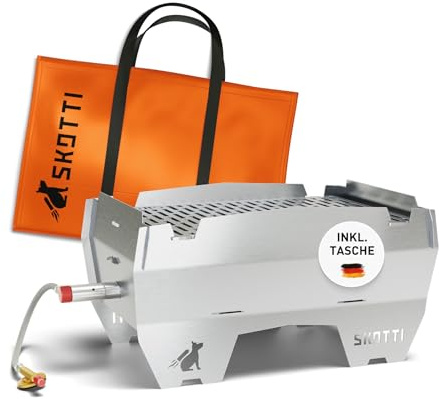 SKOTTI® Grill Gas - kleiner faltbarer Camping Gasgrill für Gaskartuschen | Steckbarer Campingkocher zum Grillen und Kochen - ideal für Camping, Festivals oder den Balkon