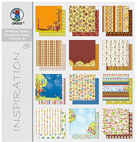 Ursus 71640099 - Premium Glitter Scrapbook paper Block, Version 8, ca. 30,5 x 30,5 cm, 190 g/qm, 12 Blatt in 6 Motiven, beidseitig mit verschiedenen Motiven bedruckt, Vorderseite mit Glitter veredelt