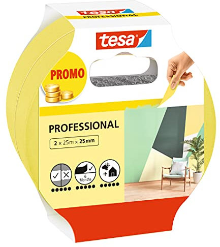 tesa Malerband Professional - Malerkrepp aus dünnem Washi-Papier zum besonders präzisen Abkleben bei Malerarbeiten - für innen und außen - 2x 25 m x 25 mm