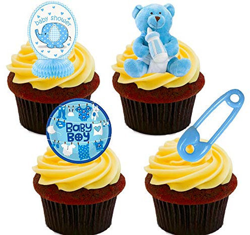 Baby Shower Boy, Blue Edible Cupcake Toppers - Stand-up Wafer Cake Decorations (Pack of 12)