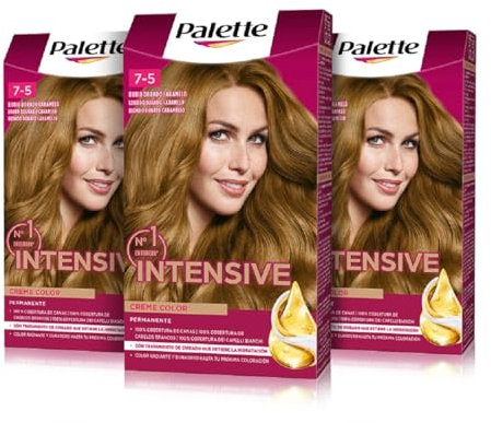 Palette Intensive Creme Color 7-5 Rubio Dorado Caramelo, tinte permanente con aceite de macadamia y almendras, cubre el 100% de las canas y raíces, para un pelo radiante, Pack 3