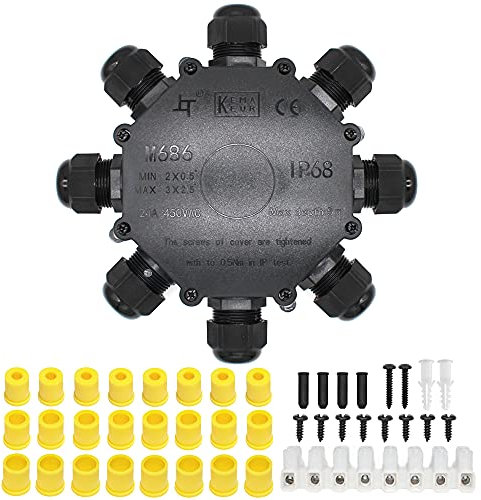 IP68 Waterproof Junction Box, HUYU 8-Way Outdoor Cable Connectors with 8 Cable M25 Gland Wire Connector Electrical Junction Box for 4-14MM Diameter Cable, 8 Pin Terminal, Black