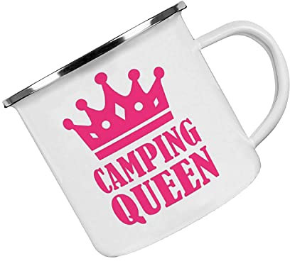 Crealuxe Emaille Tasse Camping Queen - Kaffeetasse mit Motiv, Campingtasse, bedruckte Emailletasse mit Wunschtext