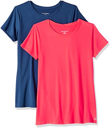 Amazon Essentials T-shirt Stretch et Quick Dry, Col Rond et Manches Courtes (Disponible en Grande Taille) Femme, Lot de 2, Bleu Marine/Rose Vif, S