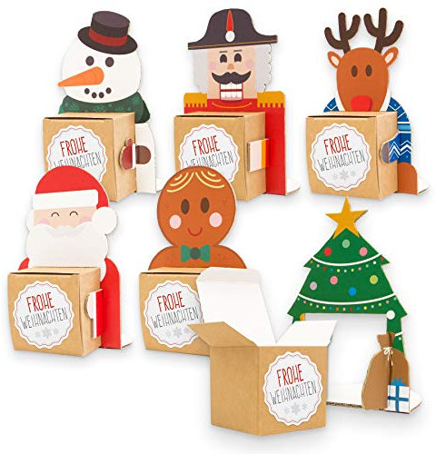 itenga Geschenkverpackung Weihnachtsbande Schneemann Nikolaus Lebkuchenmann Nussknacker Rentier Tannenbaum - Figurenaufsteller mit Stickern und Karten