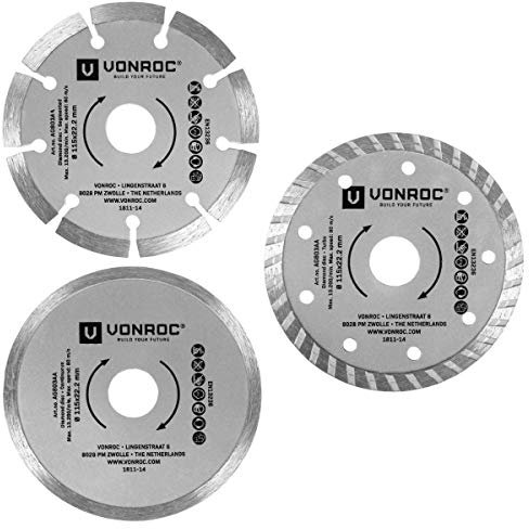 VONROC Set di 3 dischi diamantati per smerigliatrici angolari 115 mm per pietra, cemento e ceramica. Incl. 1x segmentato, 1x continuo e 1x turbo