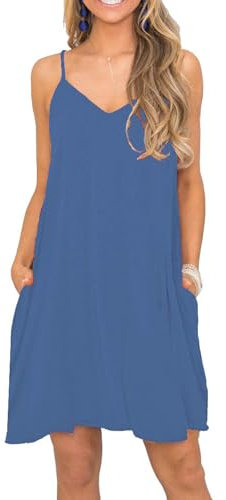 MISFAY Strandkleid für Damen Sommer Lässiges Swingkleid V-Ausschnitt Spaghettiträger Minikleid mit Taschen Beja Blau XL