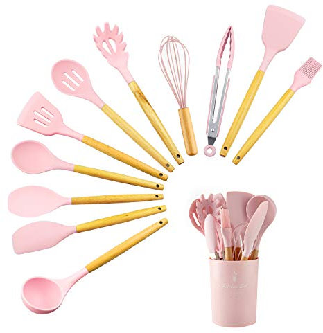 VanderHome Ustensiles de Cuisine en Silicone de 11 Pièces Spatules et Cuillères de Cuisine, Rose