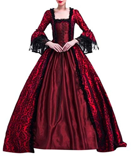 Routefuture Médiéval Déguisement Adulte Maxi Robe Grande Taille Manches évasées Gothique RéTro Dentelle Robes De Bal Halloween Cosplay Costume Carnaval Drame Fête Princess Dress (du vin,5XL)