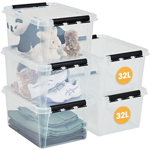 SmartStore 31L Clear Plastic Storage Boxes, 5 Pack, Reinforced, 10 Year Guarantee, Food Safe, Clip Locked, Stackable and Nestable, BPA Free L50 x W39 x H26 cm