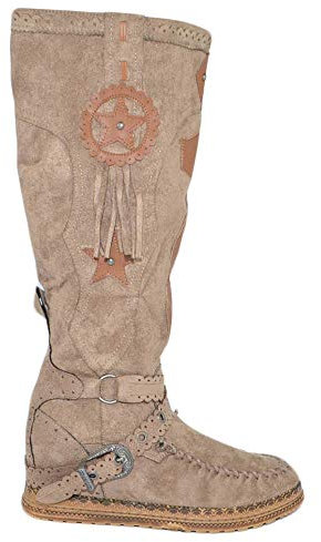Stivali Donna Indianini Tortora al Ginocchio con Frange Zeppa Interna 5 cm e Stemma Scamosciati Alti Moda Ibiza (40 EU)