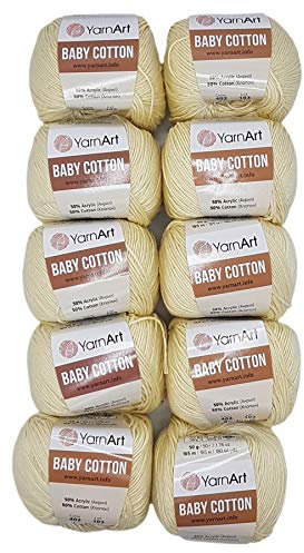 10 x 50g Strickwolle YarnArt Baby Cotton mit 50% Baumwolle, 500 Gramm Wolle einfarbig (creme 402)