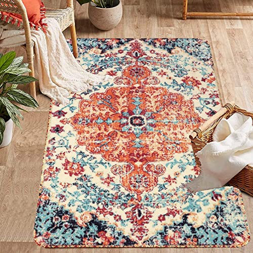 KIMODE Boho Blumen Medaillon Schlafzimmer Teppich,90 x 150 cm Orientalischer Distressed Weiche rutschfest Waschbarer Kurzflor Teppich Für Esszimmer Küche Wohnzimmer Eingangsbereich