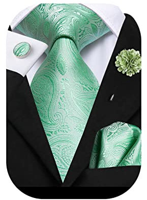 Hi-Tie Seidenkrawatte und Einstecktuch, Manschettenknöpfe, Reversnadel-Set, Jacquard, Hochzeit, Business, Krawatte für formelle Anlässe, mintgrün, M