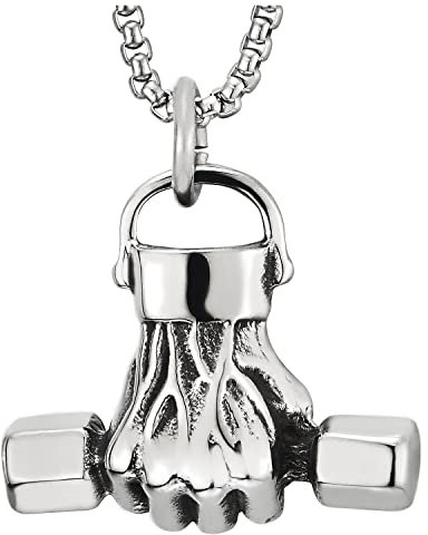 COOLSTEELANDBEYOND Herren Hand Gewichtheben Langhantel Hantel Anhänger Edelstahl Halskette mit 75CM Stahl Weizen-Kette, Silber Farbe