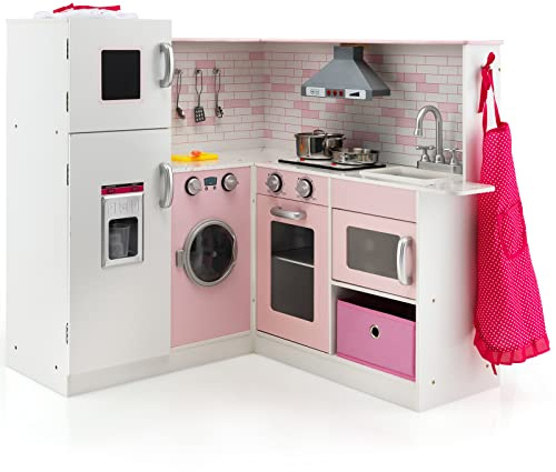 COSTWAY Kids Corner Play Kitchen, Wooden Pretend Cooking Playset with Apron, Chef Hat, Realistic Light & Sound, Accessory Utensils, Children's Chef Role Play Set for Boys Girls