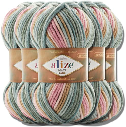 Alize 5x 100g Superlana Maxi Batik Türkische Wolle Super Bulky Chenillegarn Babywolle Handstrickgarn zum häkeln weiches Chenille-Garn XXL-Knäuel für Amigurumi Yarn Garn (7803)