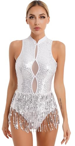 Doomiva Damen Glitzer Ballettanzug mit Quasten Tanzanzug Ärmellose Bodysuit Einteiler Body Rückenfrei Tanzbody Weiß XXL