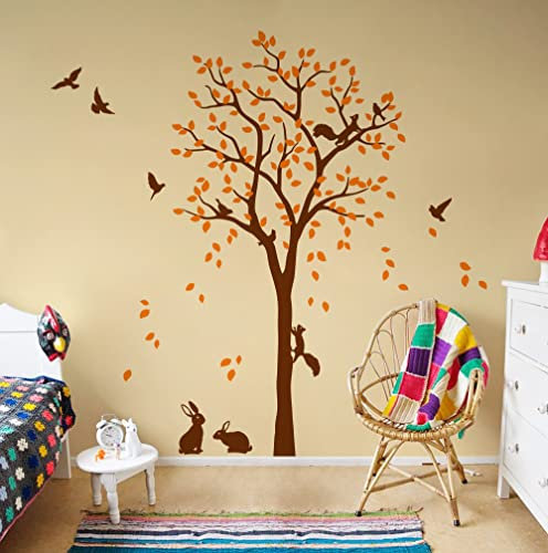 Großer Baum Wandaufkleber mit Vögeln, Eichhörnchen und Kaninchen Hasen Kinderzimmer Wanddekoration 095 (Braun, Orange)