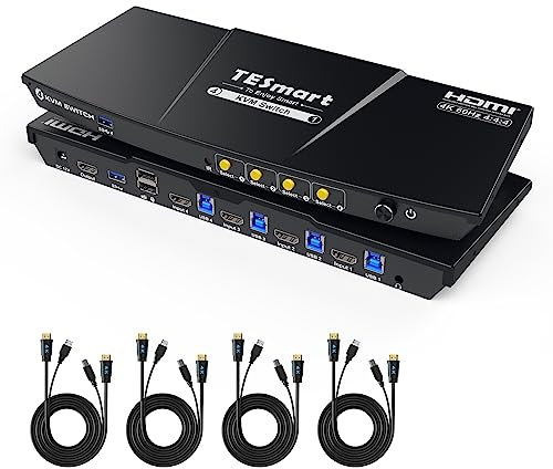 TESmart USB 3.0 HDMI KVM Switch 4 PC 1 Monitor, 4 Port 4K 60Hz KVM-Switch, EDID Emulator Hotkey kvm Schalter, USB für Printer Scanner Tastatur Maus, Audio Mikrofon, 4 In 1 Out Umschalter mit 4* Kabeln