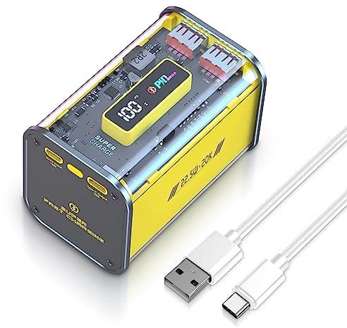 Gladgogo Battery Pack 20000mAh with Led Display, 3-Port Portable Charger 20W Fast Charging PD18W QC 3.0 USB C, Transparent Power Bank with High-Speed PowerIQ for iPhone/iPad/Samsung - Yellow