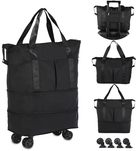 VOOWO Reisetasche mit Rollen, erweiterbar, faltbar, mit Rollen für Reisen, Rollgepäck, Handgepäck, Reisetasche, große Wochenendtasche für Damen und Herren, Schwarz, Erweiterbare Reisetasche mit